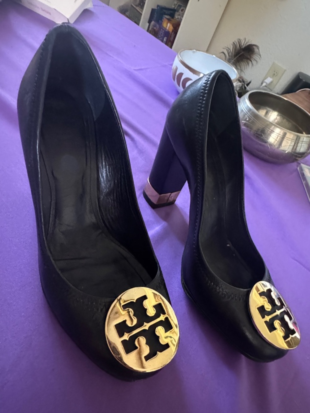 Tory Burch Black Leather Block Heel Pumps with Gold Logo Medallion